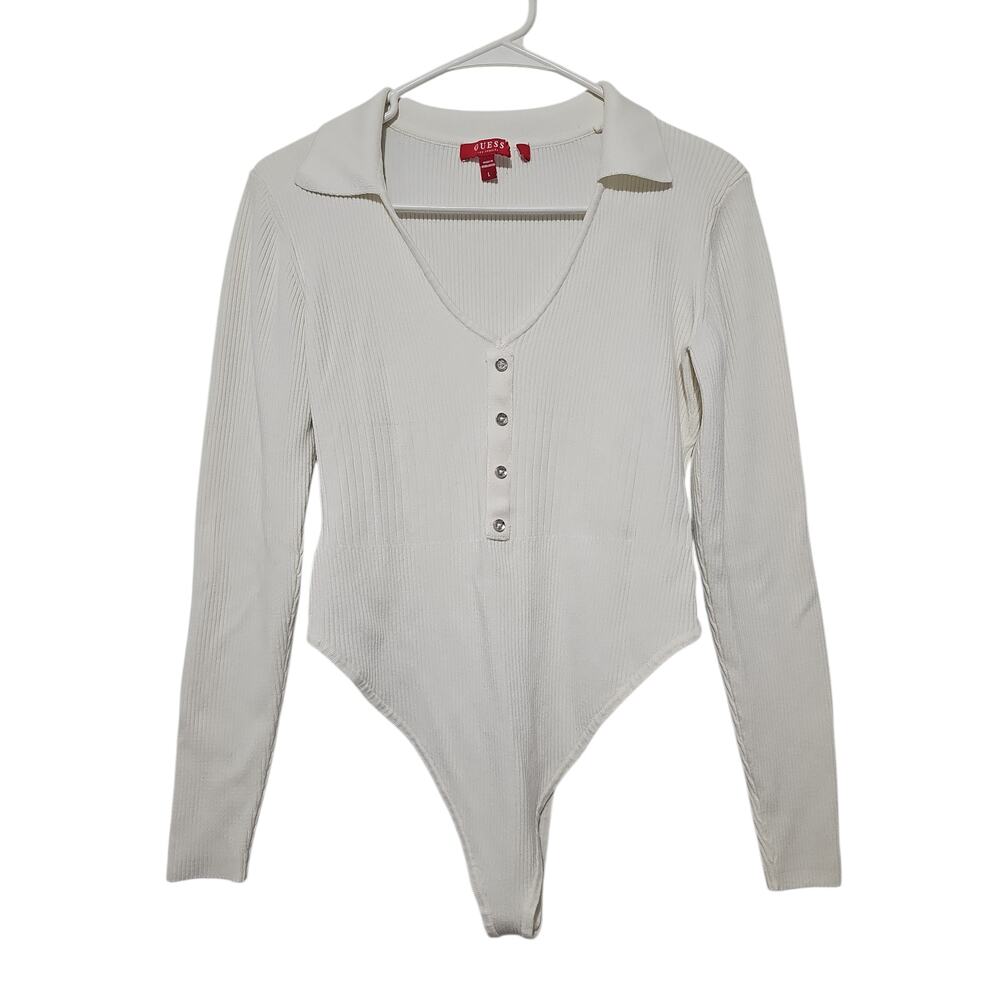 Guess Ribbed Knit Bodysuit Womens Large Collared V-Neck Cream